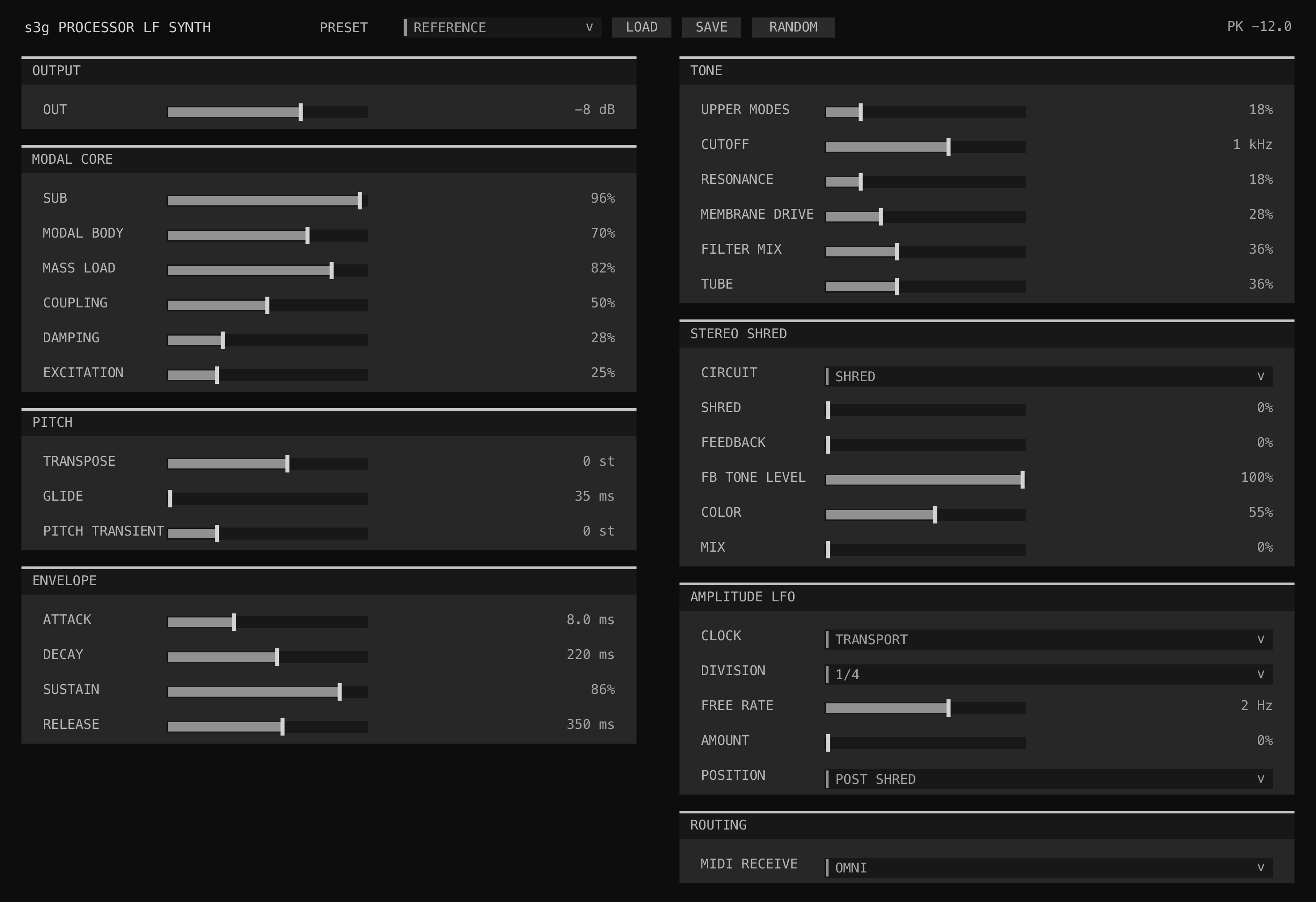 Processor LF Synth interface showing output, membrane, tone, envelope, Stereo Shred, amplitude LFO, and MIDI controls