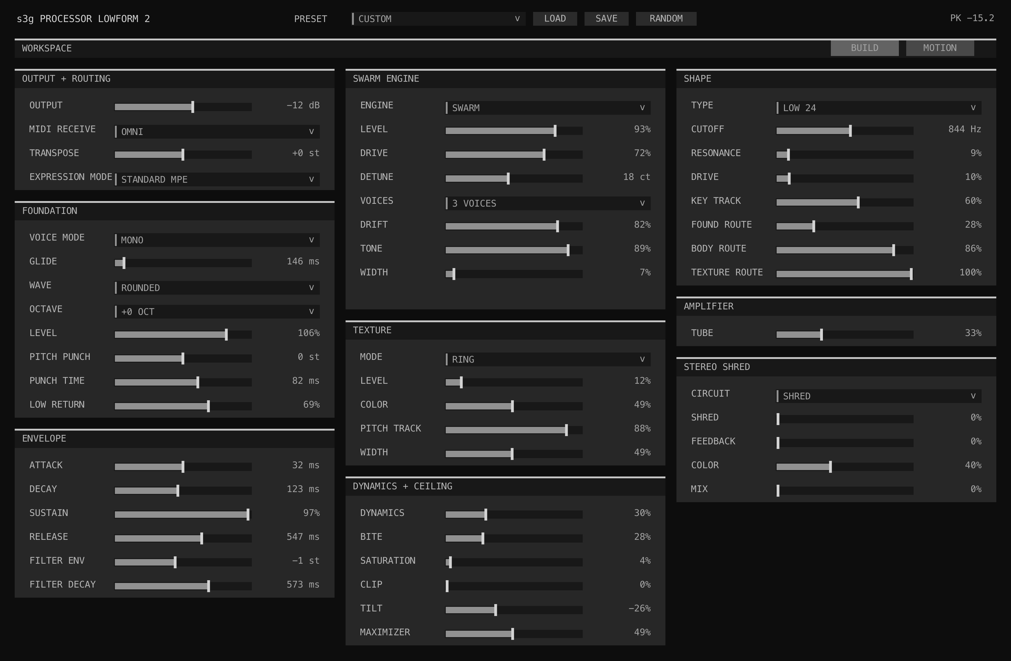 Processor Lowform Build page showing Output and Routing, Foundation, Envelope, the selected body engine's direct controls, Texture, Shape, and workspace tabs