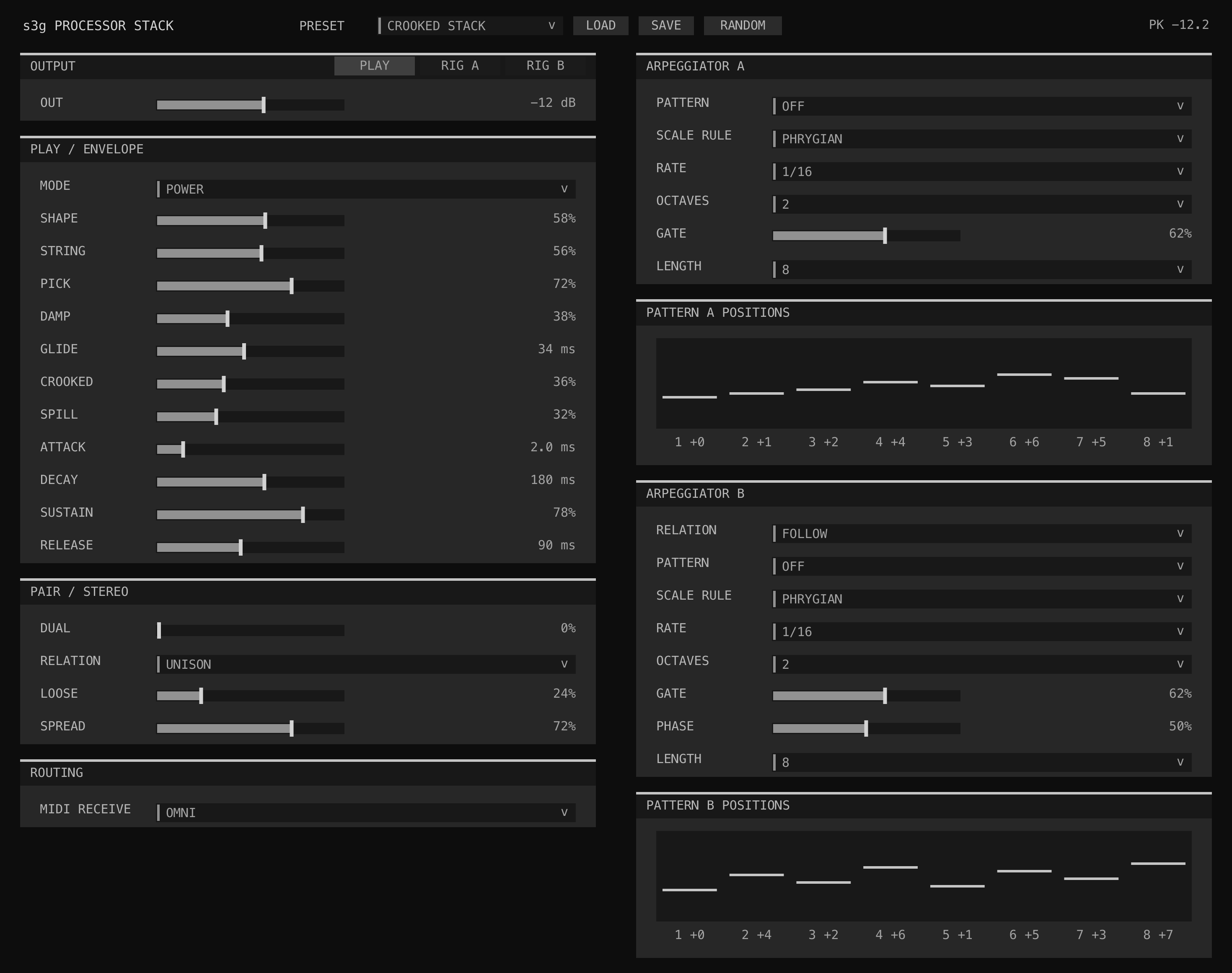 Processor Stack PLAY page showing output, dual-player controls, performance shaping, and two independent arpeggiators