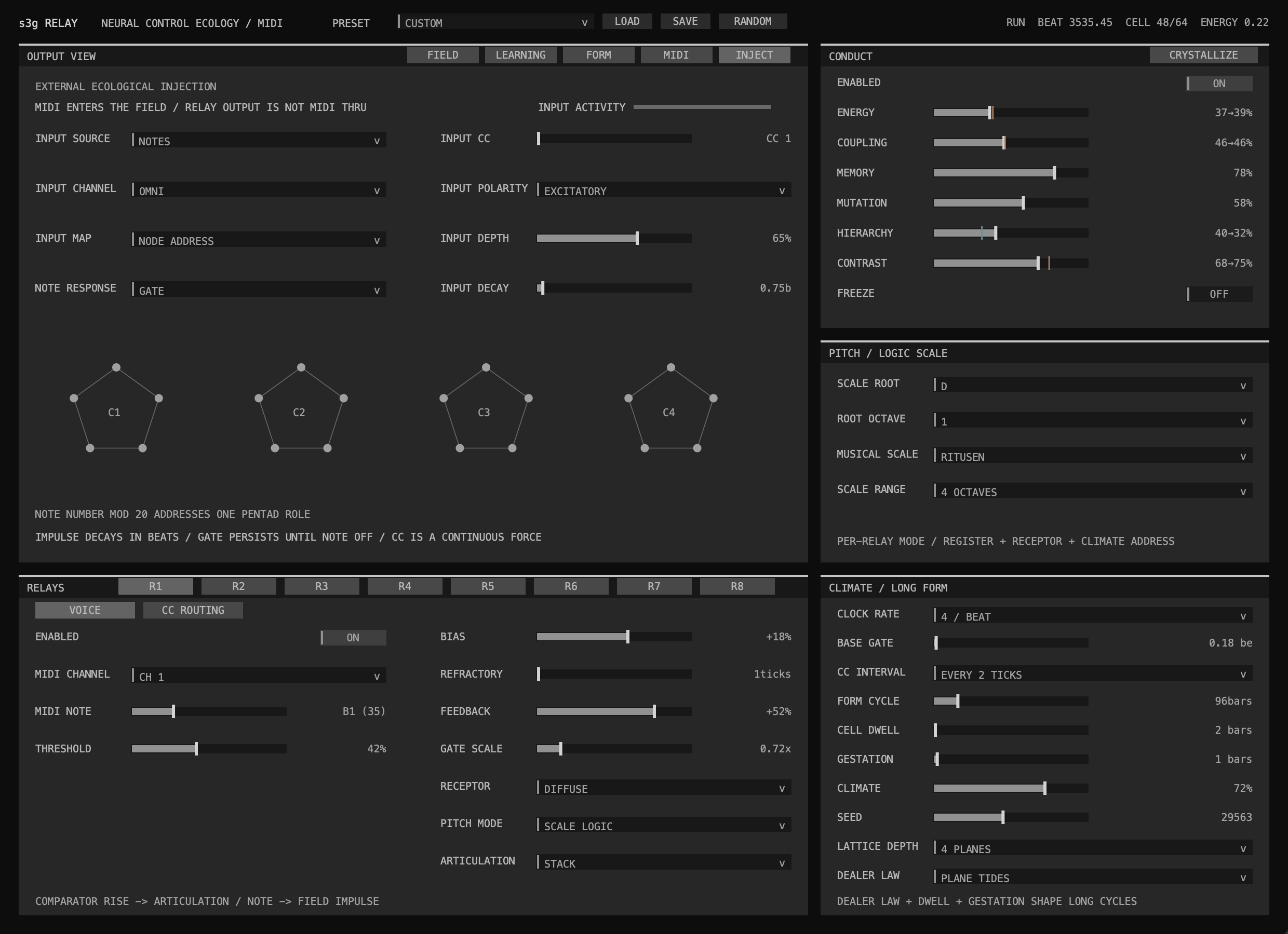 Relay Inject panel showing note input, Omni channel, node-address mapping, Gate response, excitatory polarity, depth and decay controls, and four pentad input-force monitors