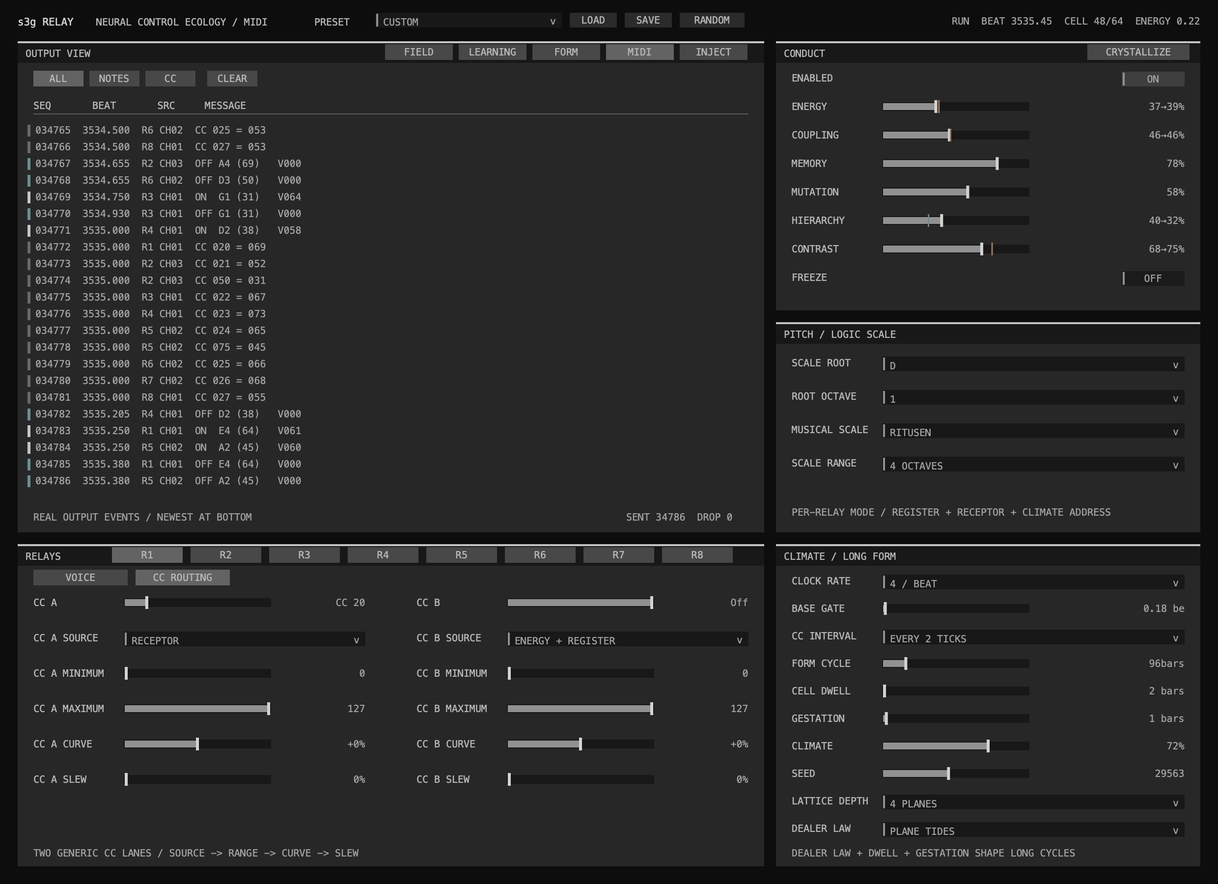 Relay MIDI panel showing live Note On, Note Off, and control-change messages above the open per-relay CC Routing toolbox