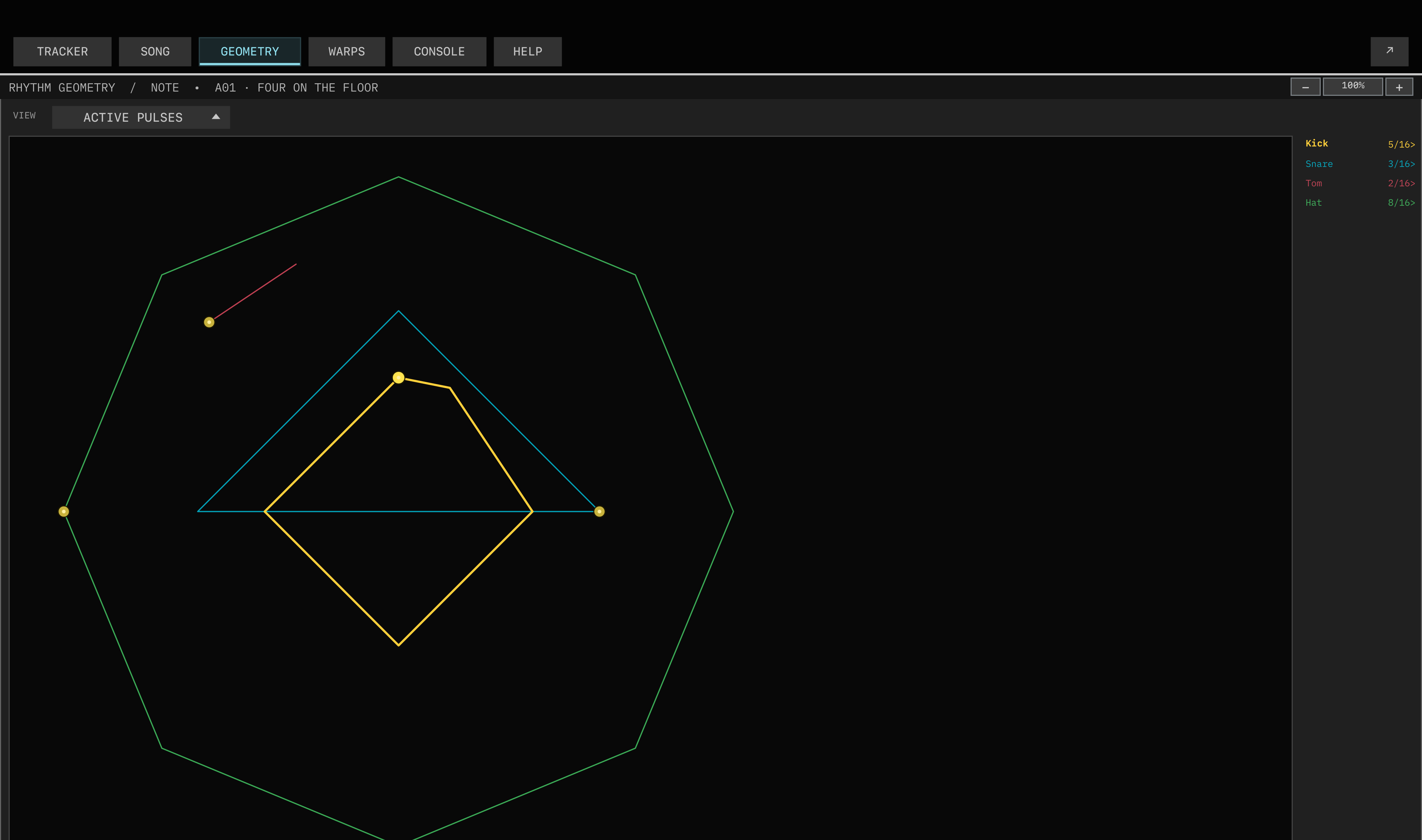 s3g Tracker Geometry page during playback showing nested rhythm polygons, lane legends, and several illuminated yellow playheads on live note hits