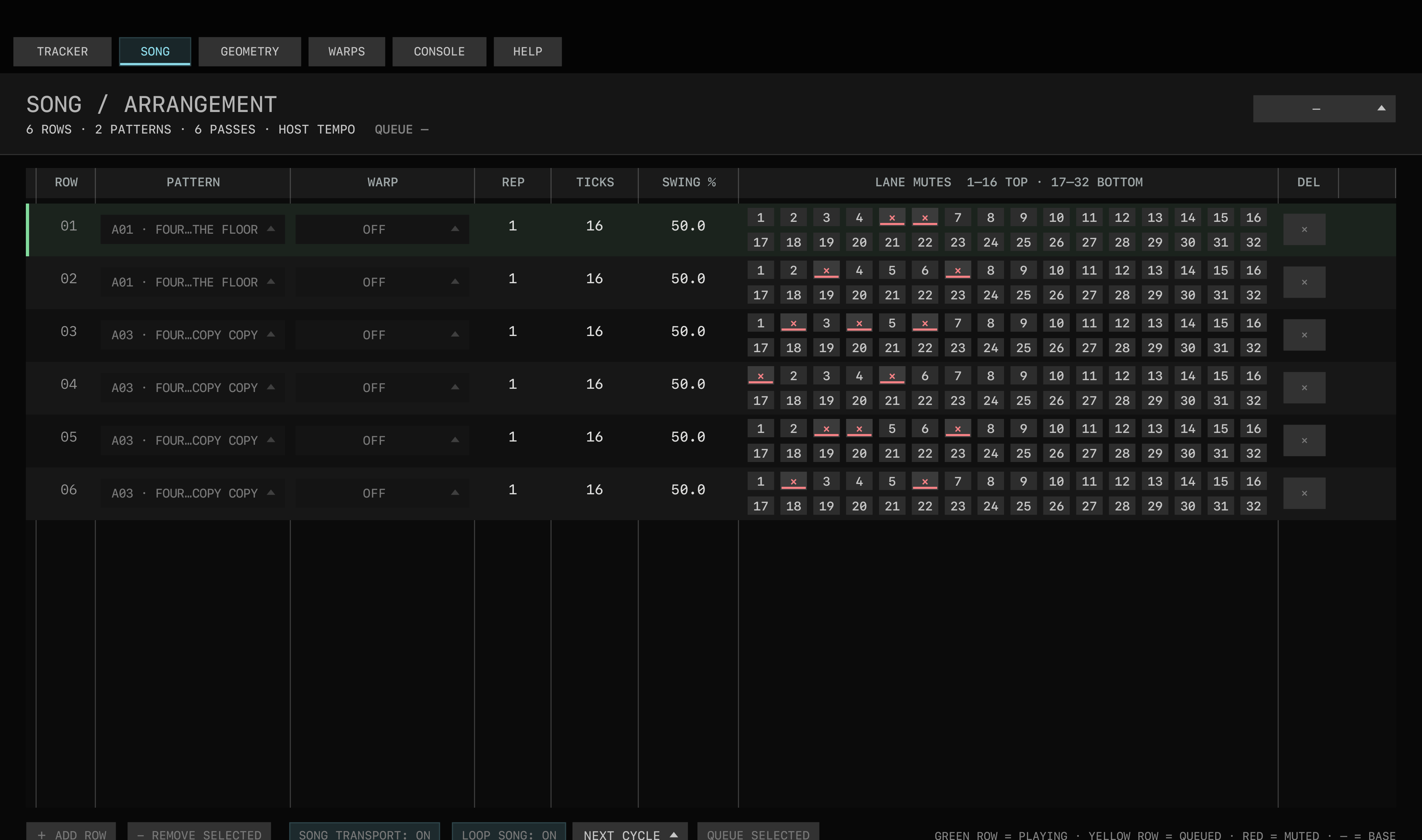 s3g Tracker Song page running a six-row arrangement with multiple pattern IDs, varied per-row lane mutes, Song transport and looping enabled, and the current row highlighted