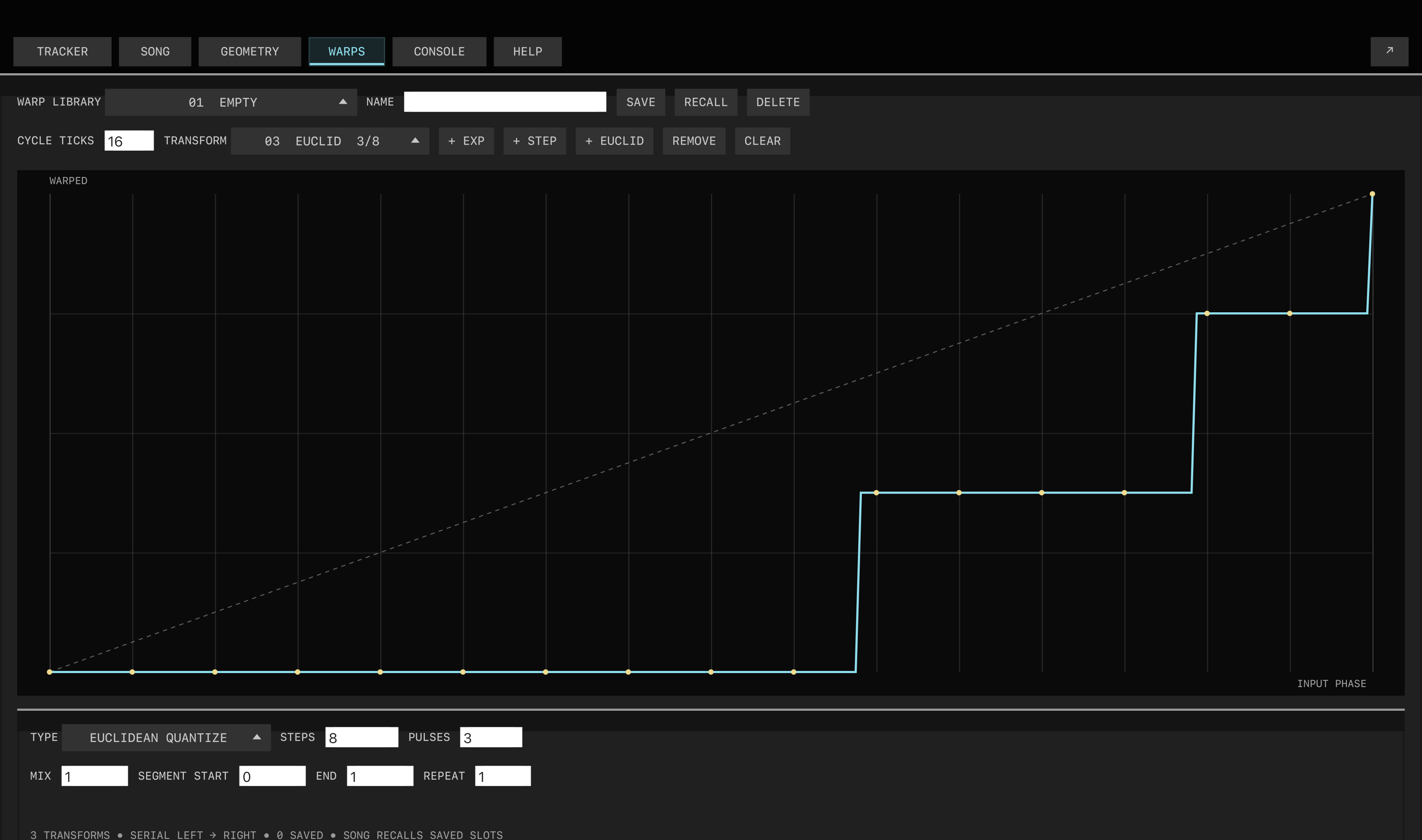 s3g Tracker Warps page showing a configured serial stack of exponential, step, and Euclidean timing transforms and its nonlinear composite timing curve