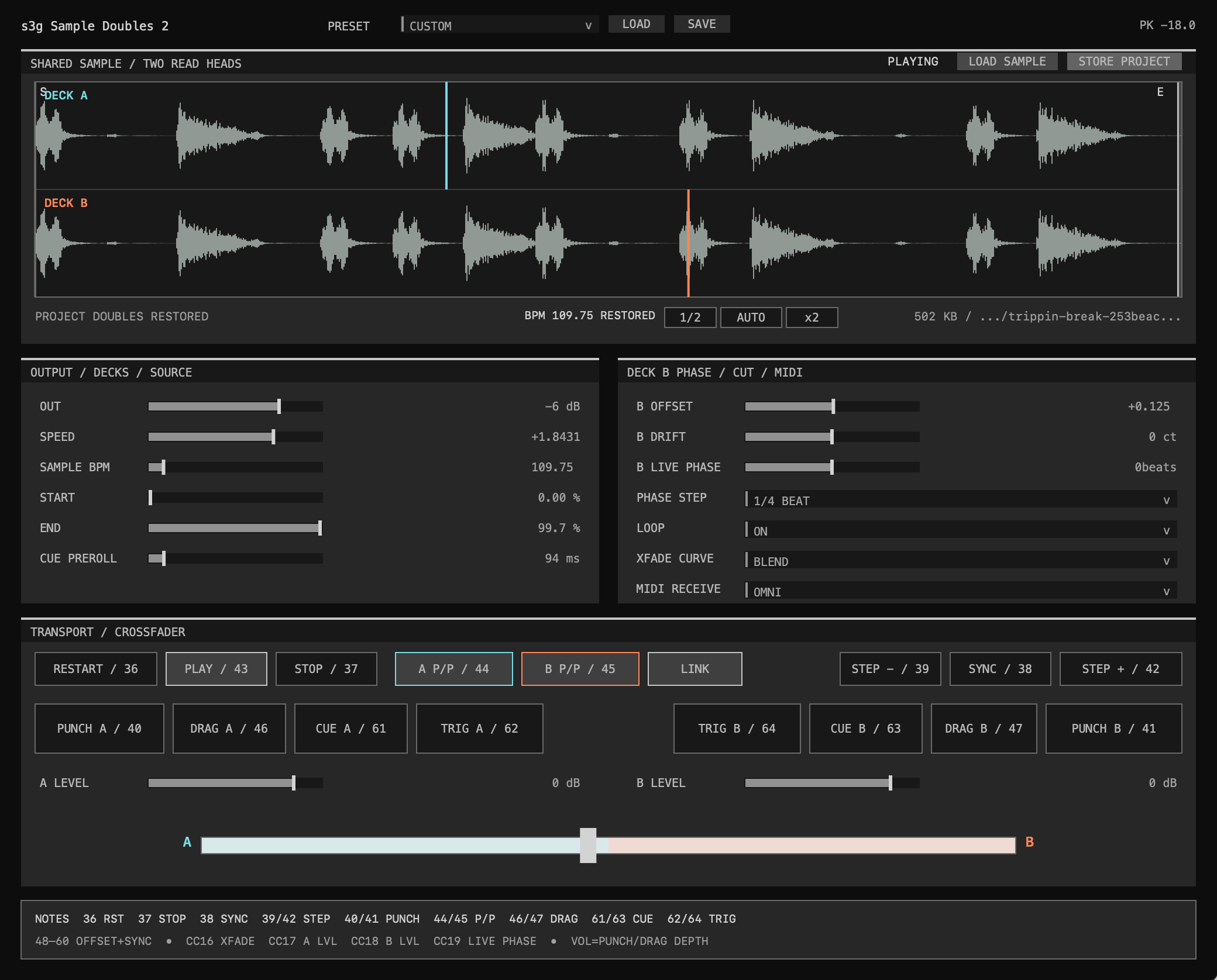 Sample Doubles 2 interface actively playing the same stereo break on Deck A and Deck B, with clearly separated cyan and orange playheads, restored 109.75 BPM analysis, varispeed and phase controls, deck transport commands, per-deck levels, and the centered crossfader