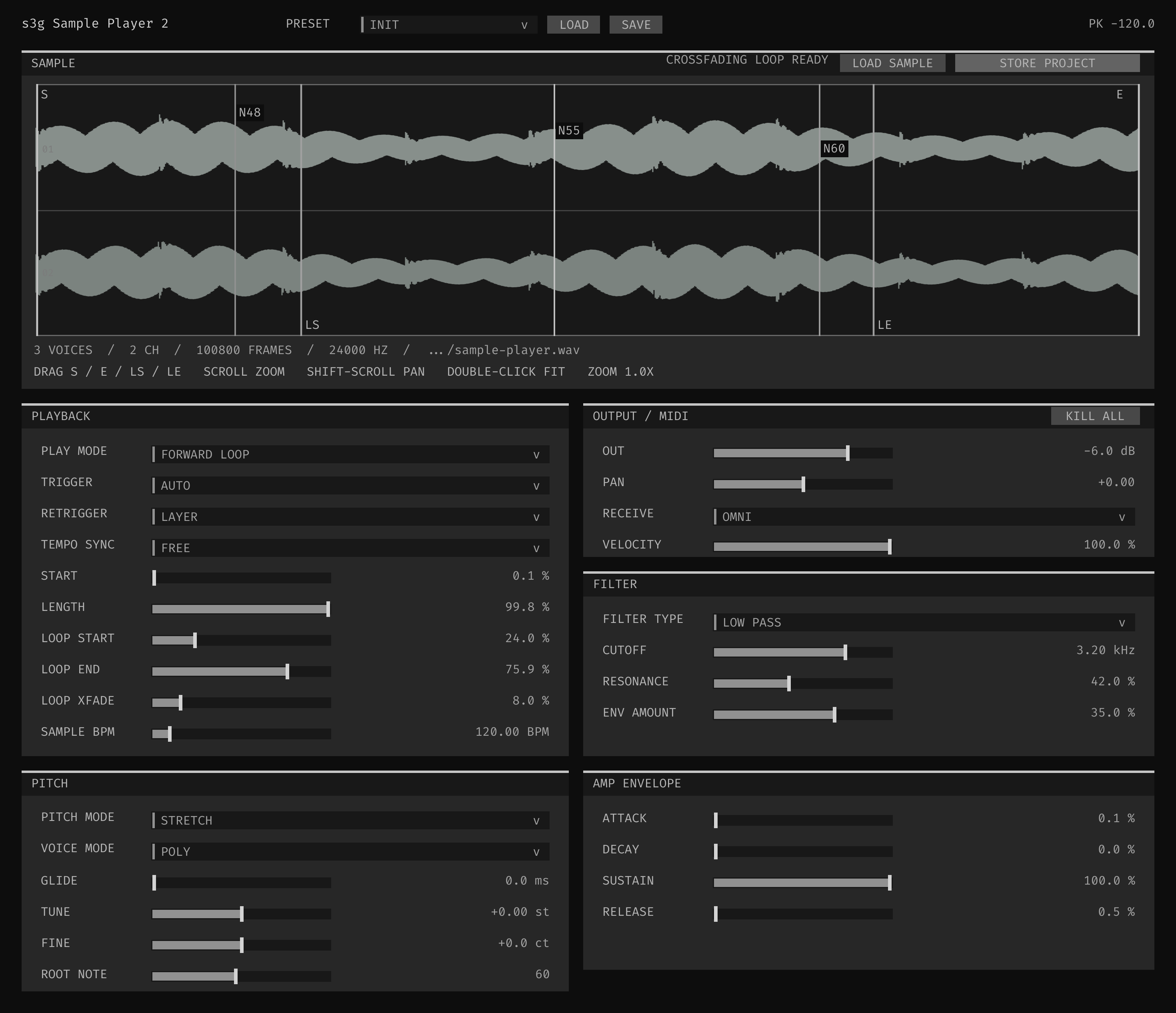 Sample Player 2 interface with a stereo break loaded, three simultaneous N48, N50, and N55 playheads crossing the waveform, a 3 Voices readout, source and loop boundaries, and the playback, output, filter, pitch, and envelope panels