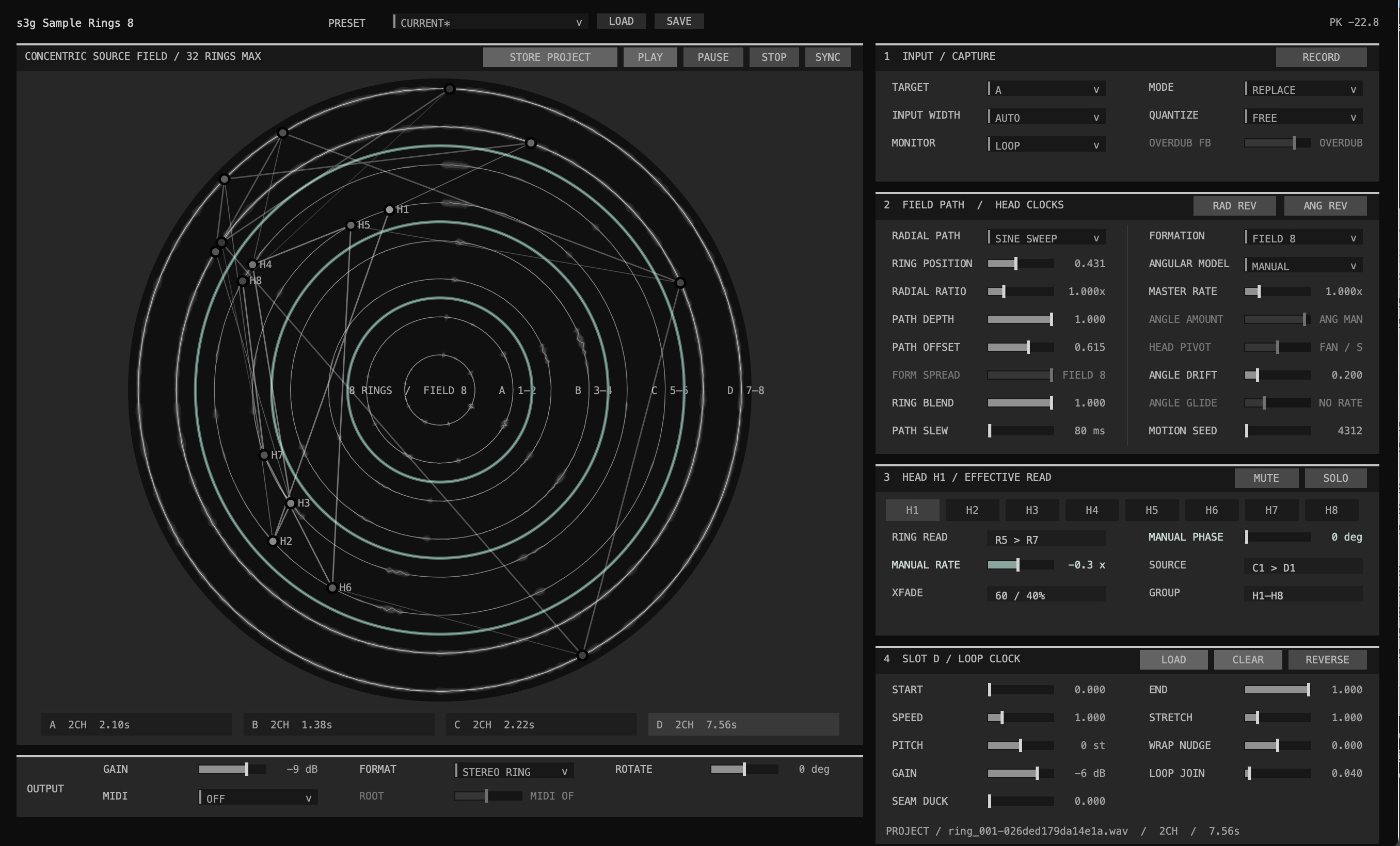Sample Rings 8 interface with four populated stereo sources forming eight concentric waveform rings, eight labeled H1 through H8 read heads spread across radius and loop phase in Field 8 formation, radial and angular controls, selected H1 effective cross-ring read details, Slot D timing controls, and Stereo Ring output controls