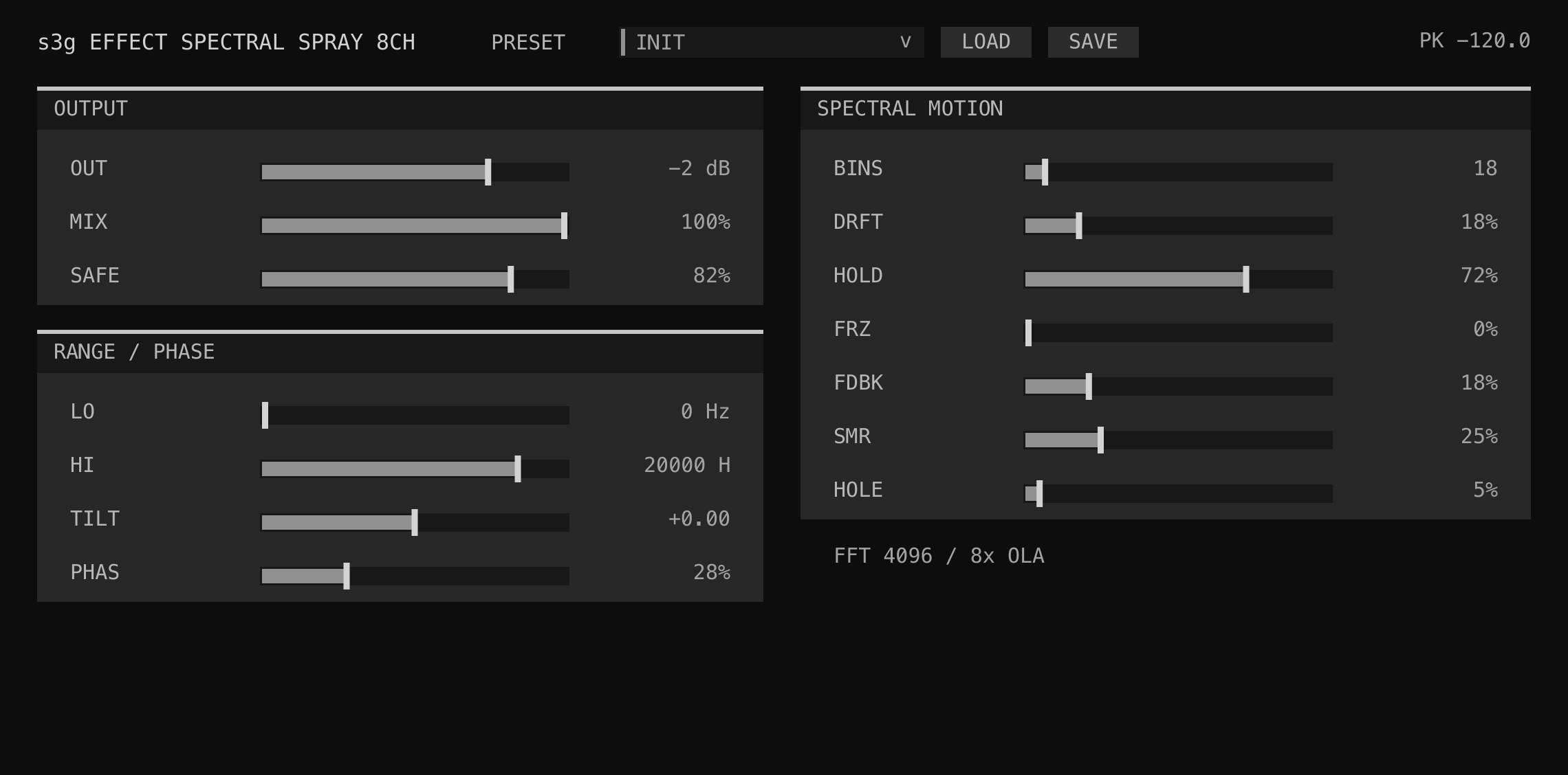 Spectral Spray 8ch spectral displacement, smear, freeze, damage, feedback, and frequency-window controls