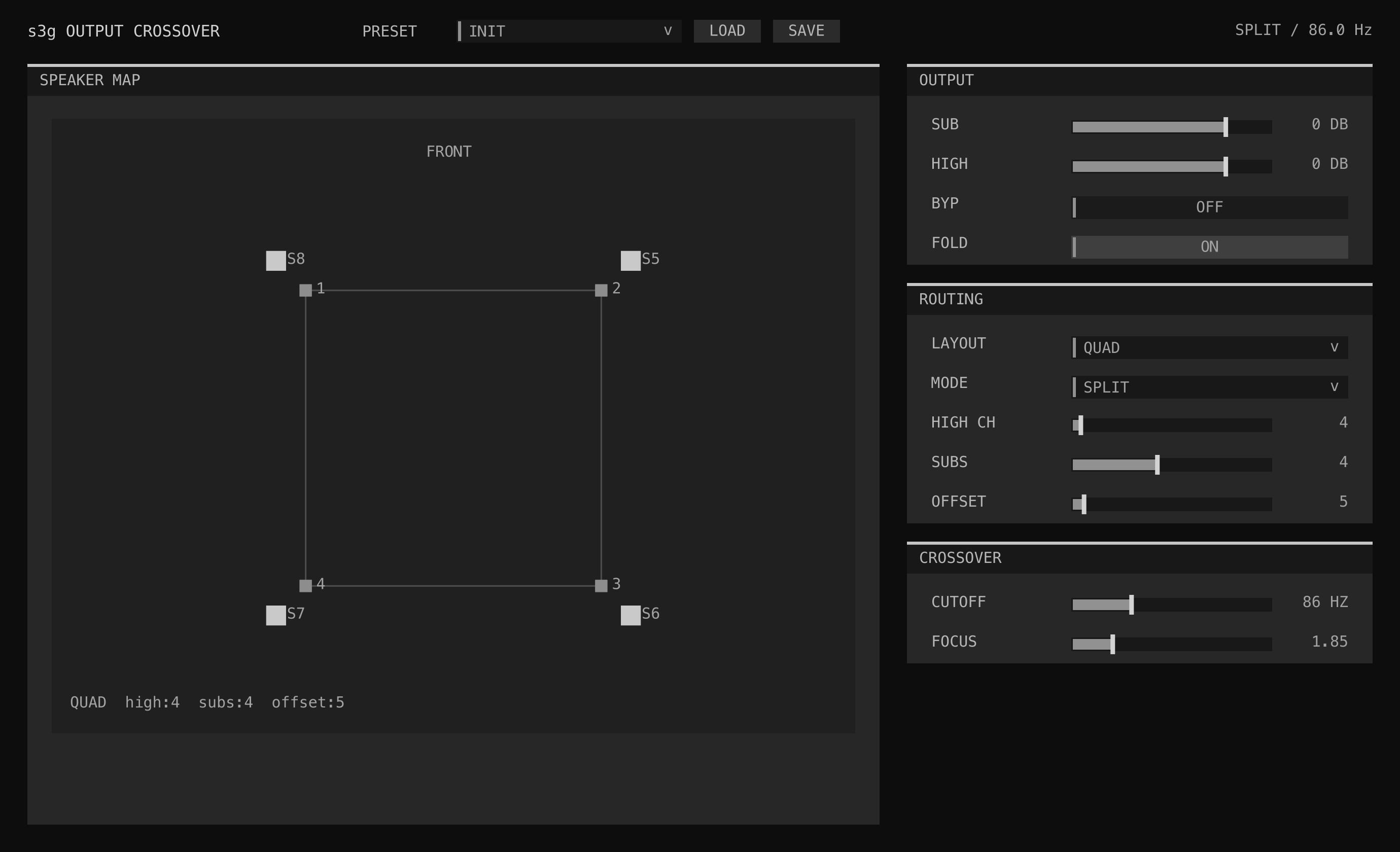 Output Crossover speaker field and routing controls configured for four subwoofers