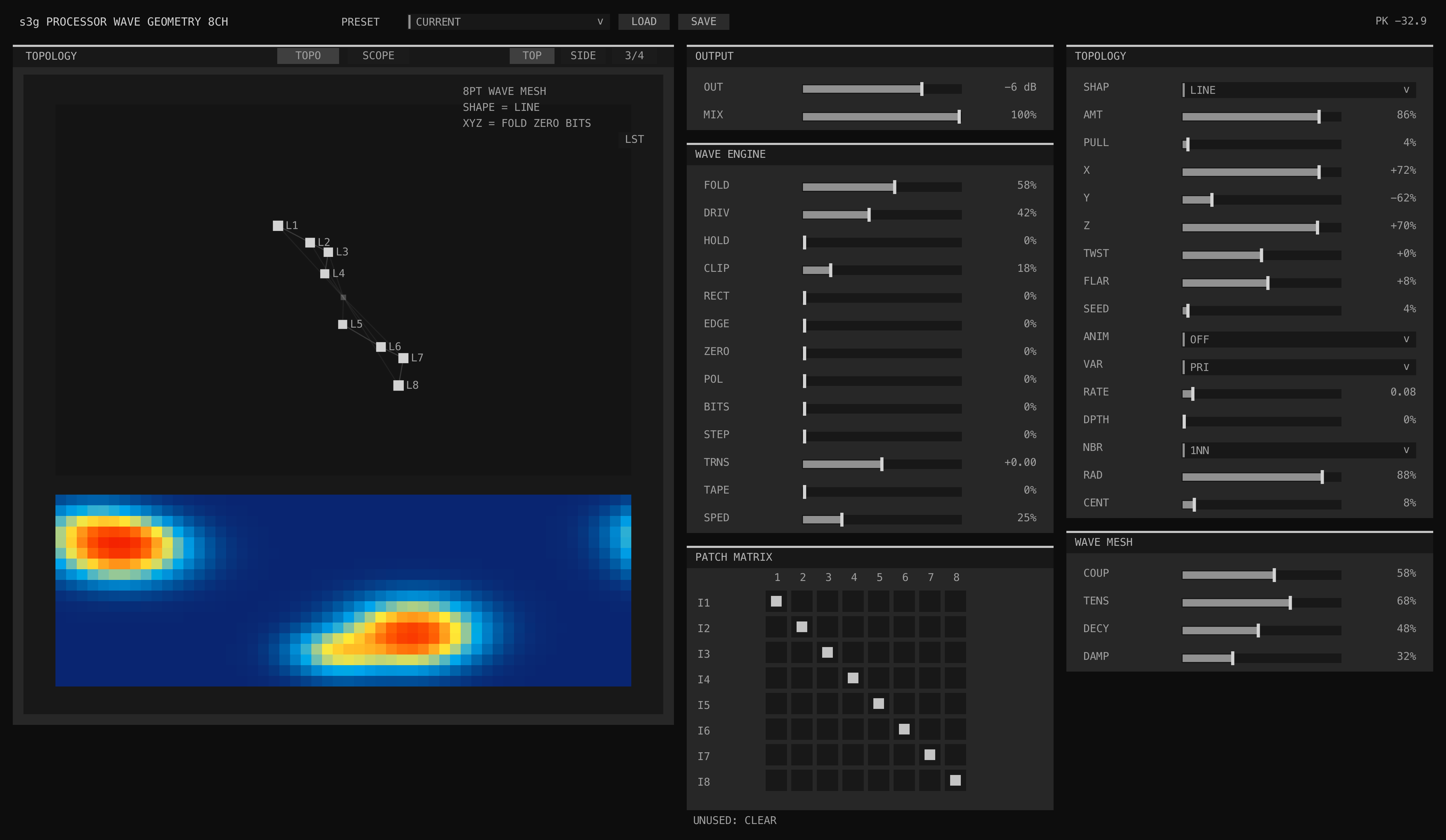 Processor Wave Geometry patch matrix, wave mesh, topology controls, dual tape heads, and lane activity