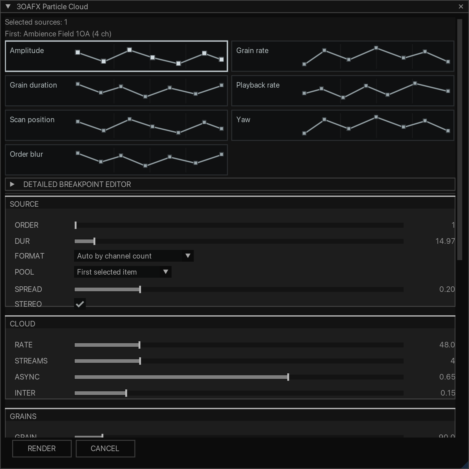 3OAFX Particle Cloud with selected audio and active breakpoint envelopes