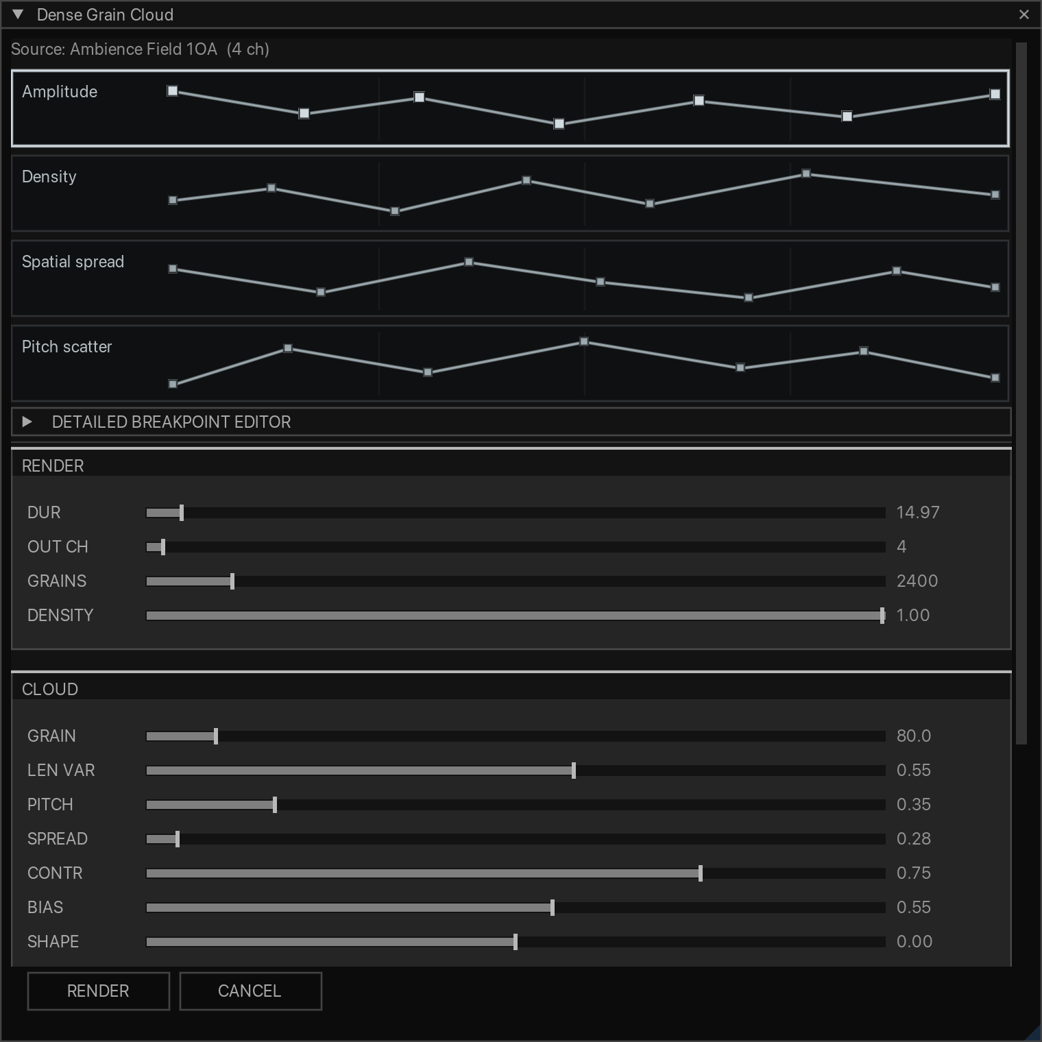 Dense Grain Cloud with selected audio and active breakpoint envelopes