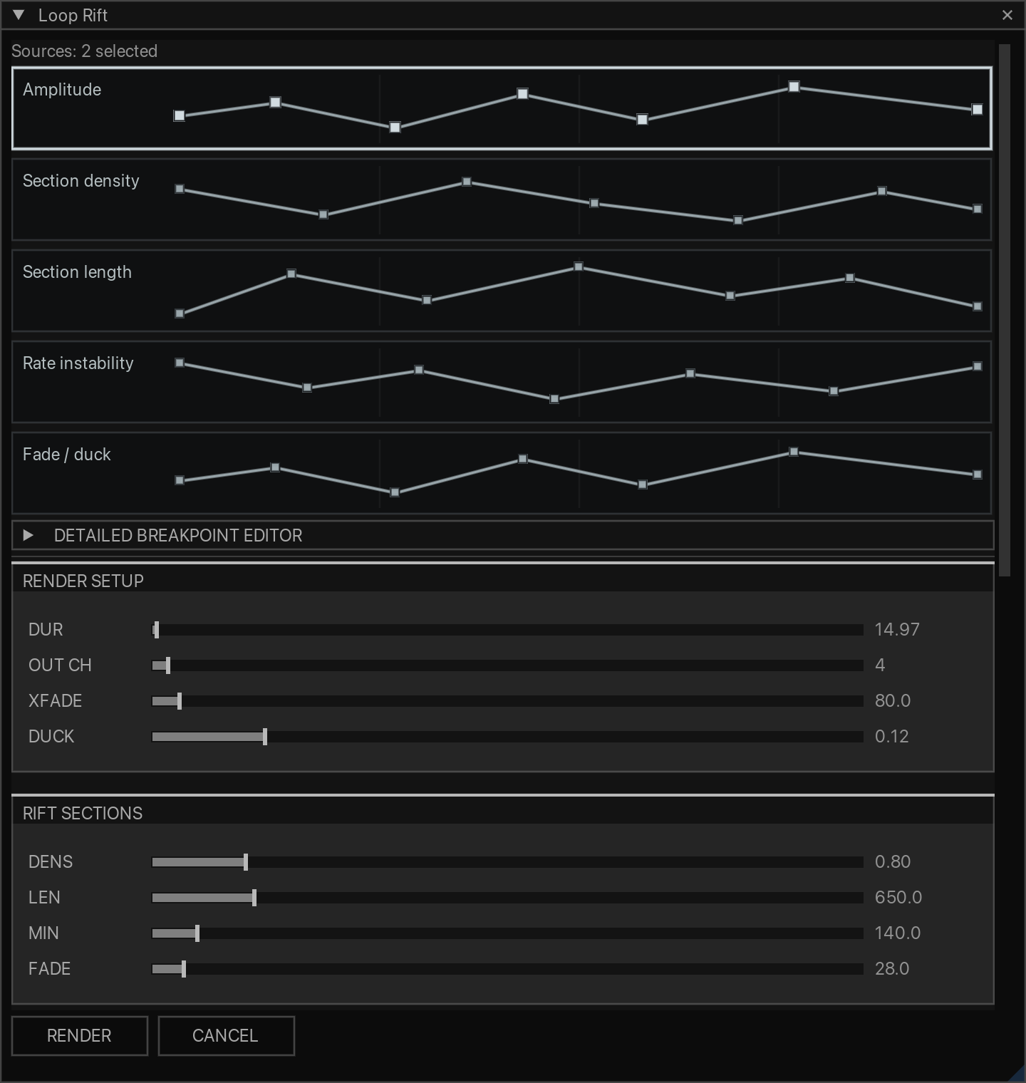 Loop Rift with selected sources and active breakpoint envelopes