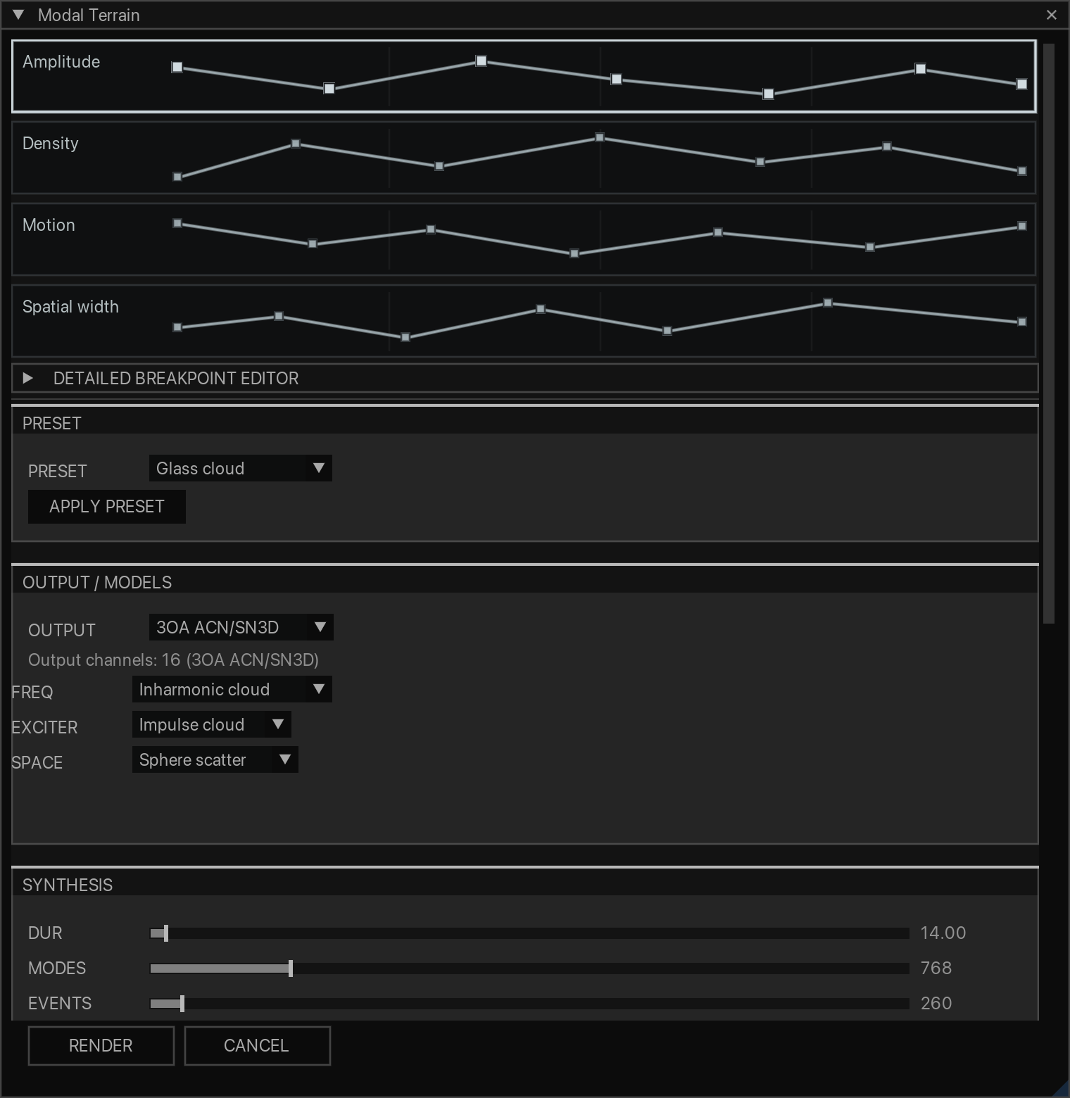 Modal Terrain with active breakpoint envelopes