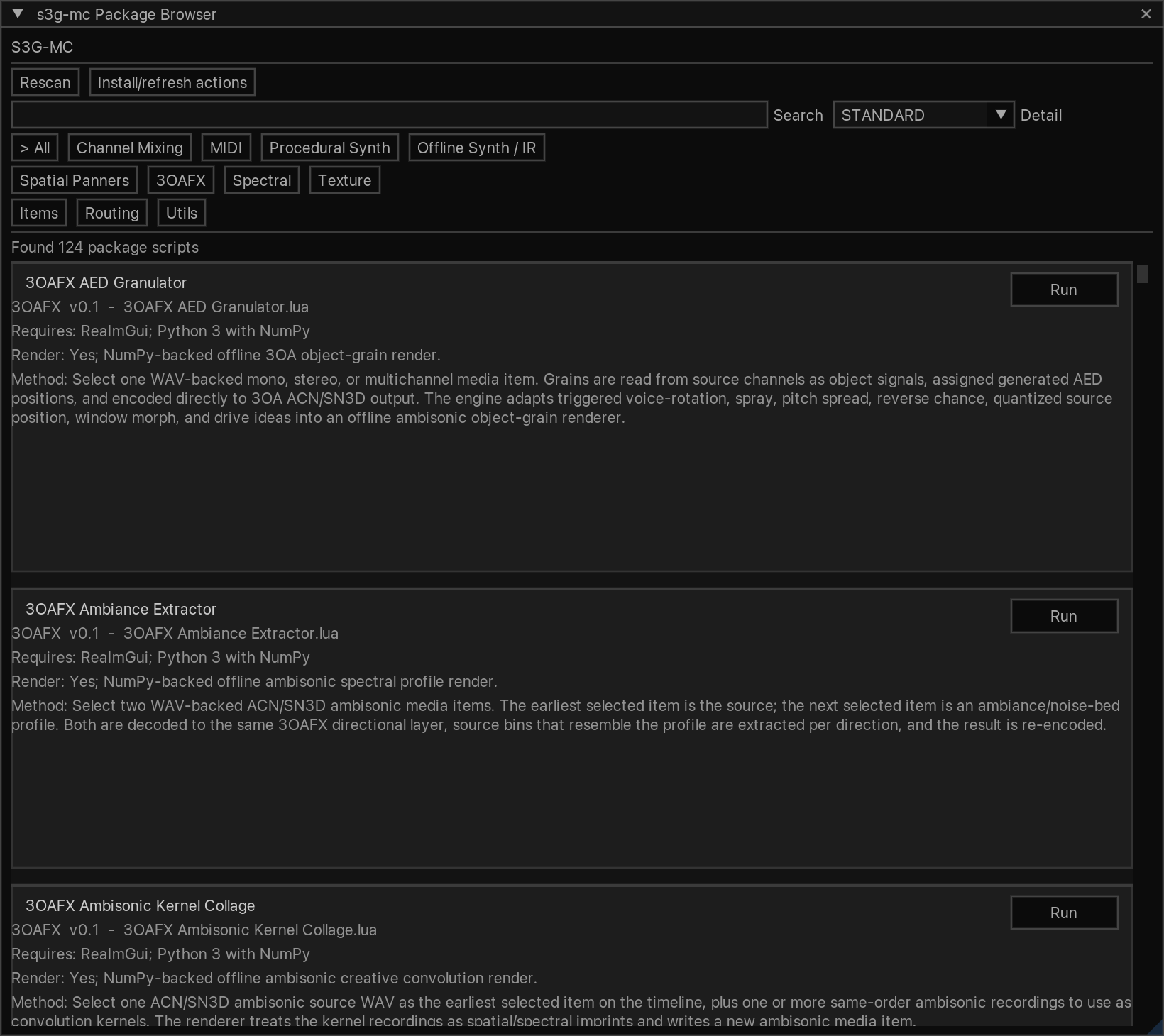 s3g-mc Package Browser showing the categorized script collection