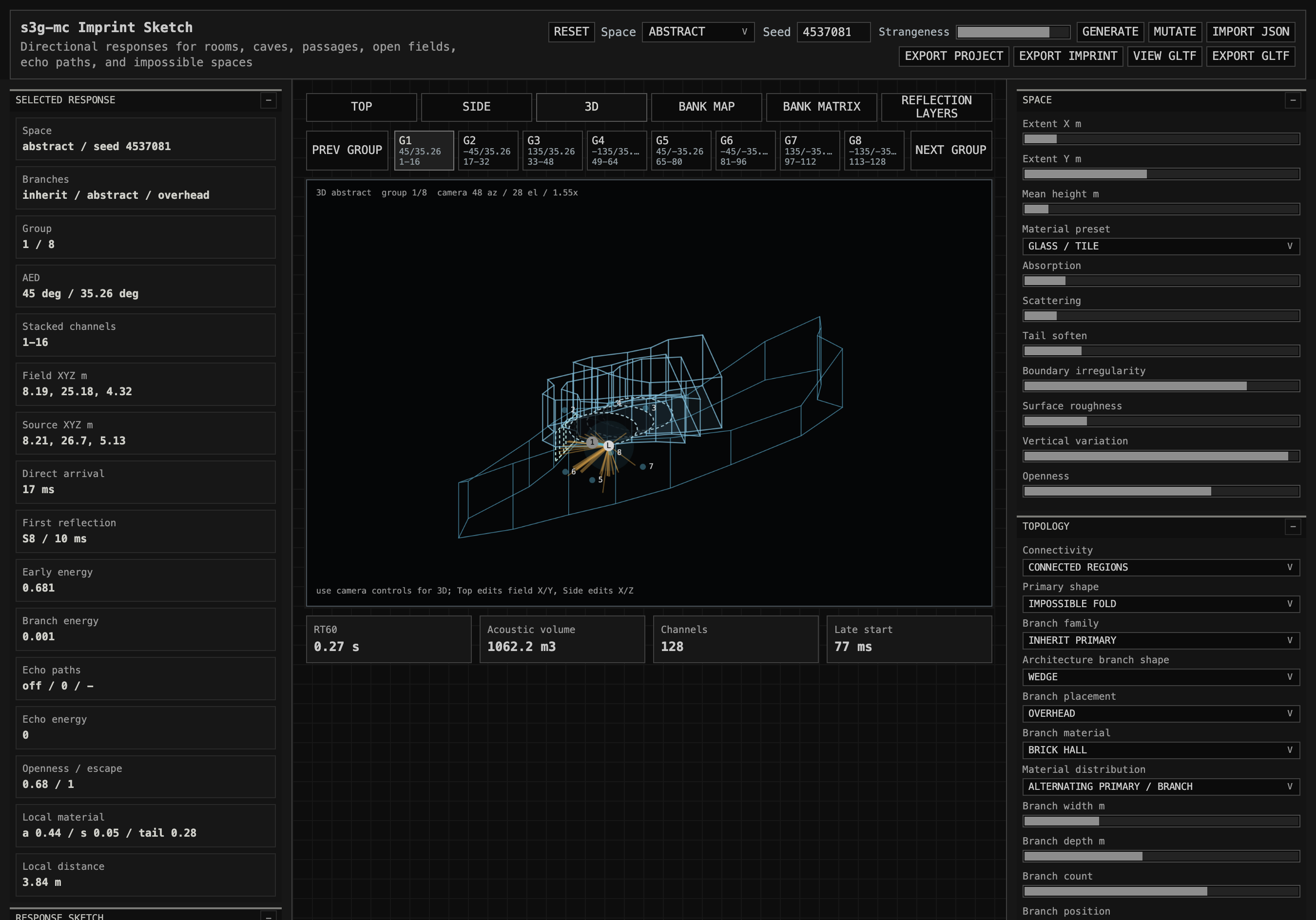 Imprint Sketch browser utility showing a high-strangeness abstract connected space in 3D