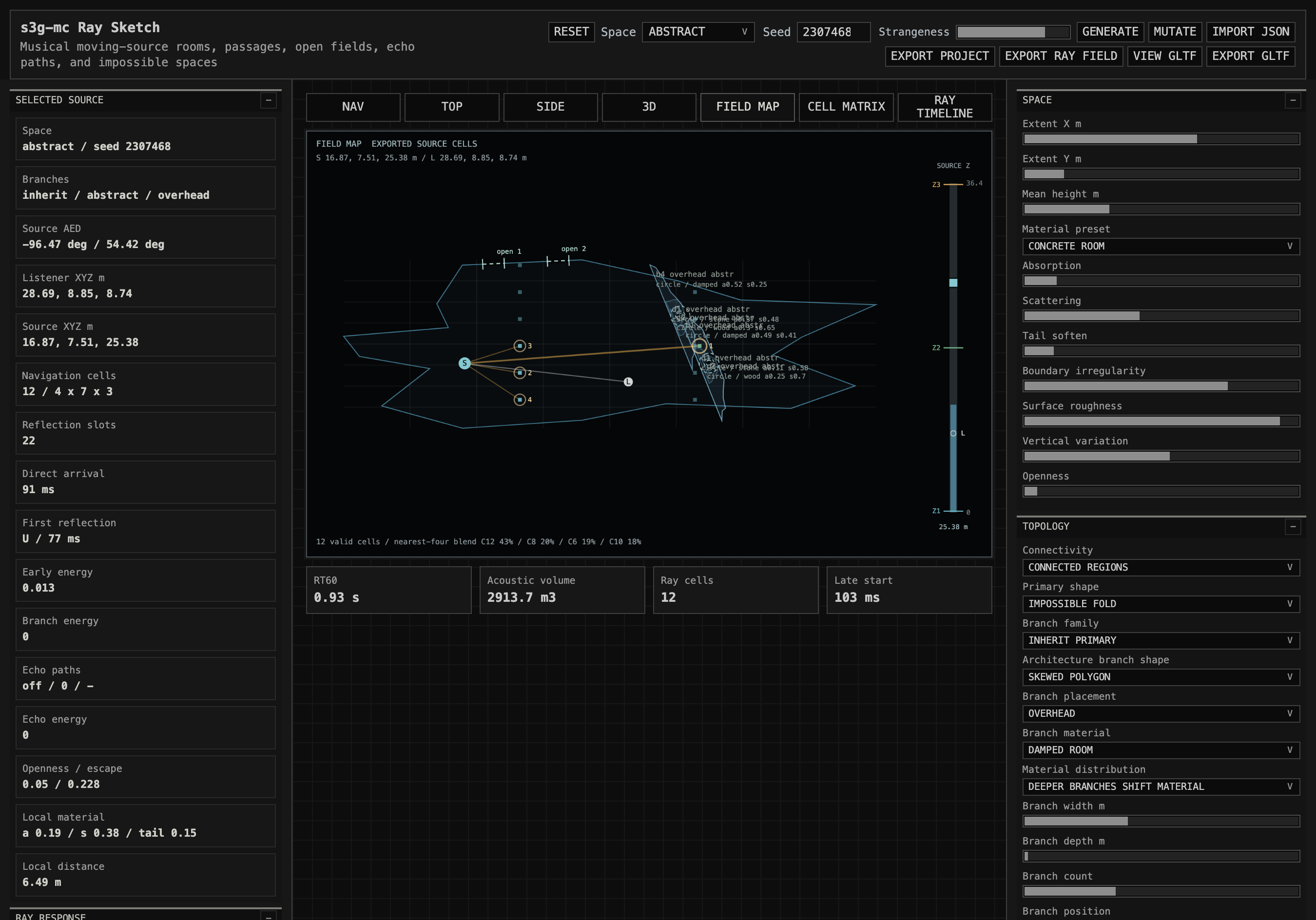 Ray Sketch browser utility showing a high-strangeness abstract field map with sampled source cells